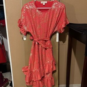 MICHAEL Michael Kors Coral and Gold Midi Dress